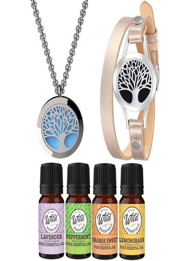 mEssentials Wild Essentials Tree of Life Necklace and Bracelet Diffuser Gift Box set with 4 essential oils and 24 color refill pads aromatherapy lavender, lemongrass, orange and peppermint oils, combination kit - Image 1